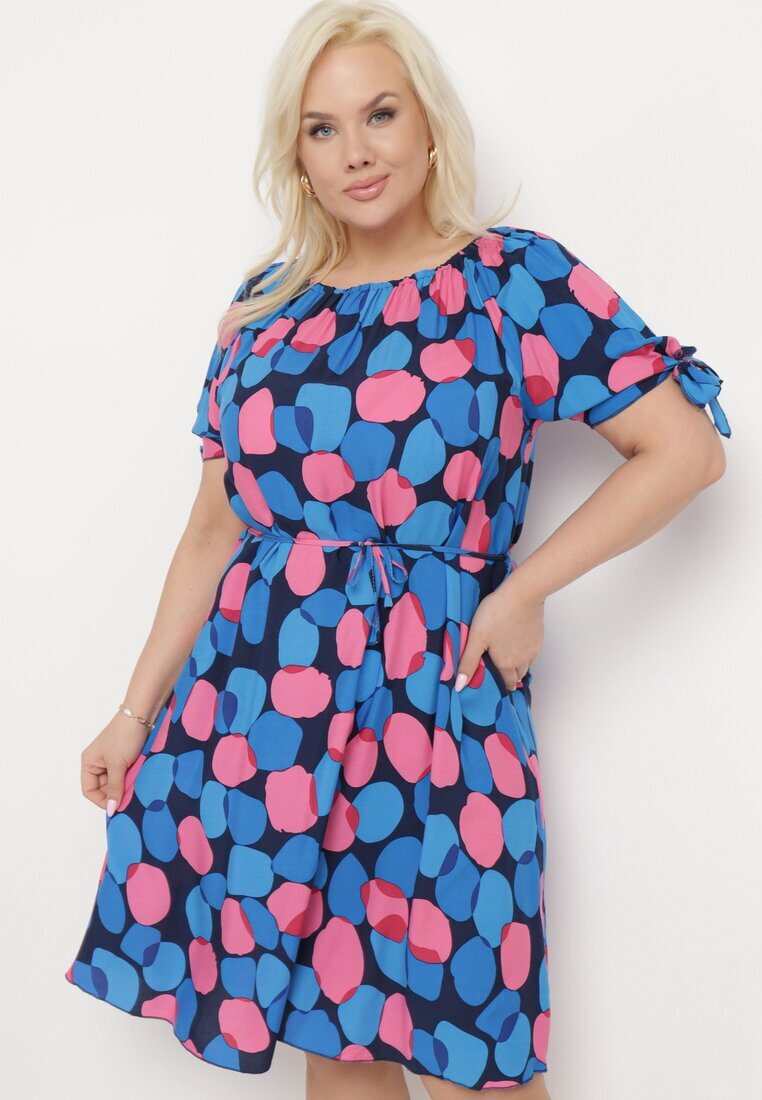 generation Rochie Trapezoidală Albastră din Bumbac cu Decolteu Elastic și Șnur în Talie Eeraphina