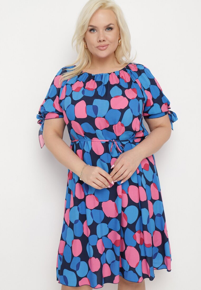 generation Rochie Trapezoidală Albastră din Bumbac cu Decolteu Elastic și Șnur în Talie Eeraphina