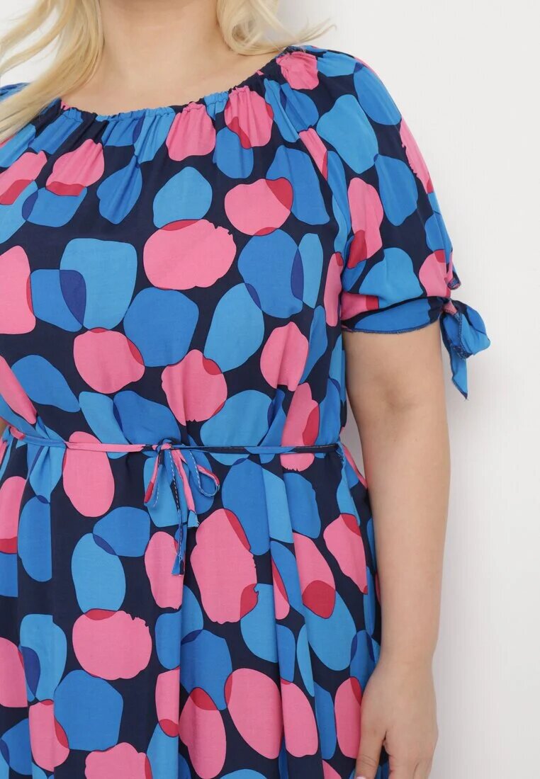 generation Rochie Trapezoidală Albastră din Bumbac cu Decolteu Elastic și Șnur în Talie Eeraphina