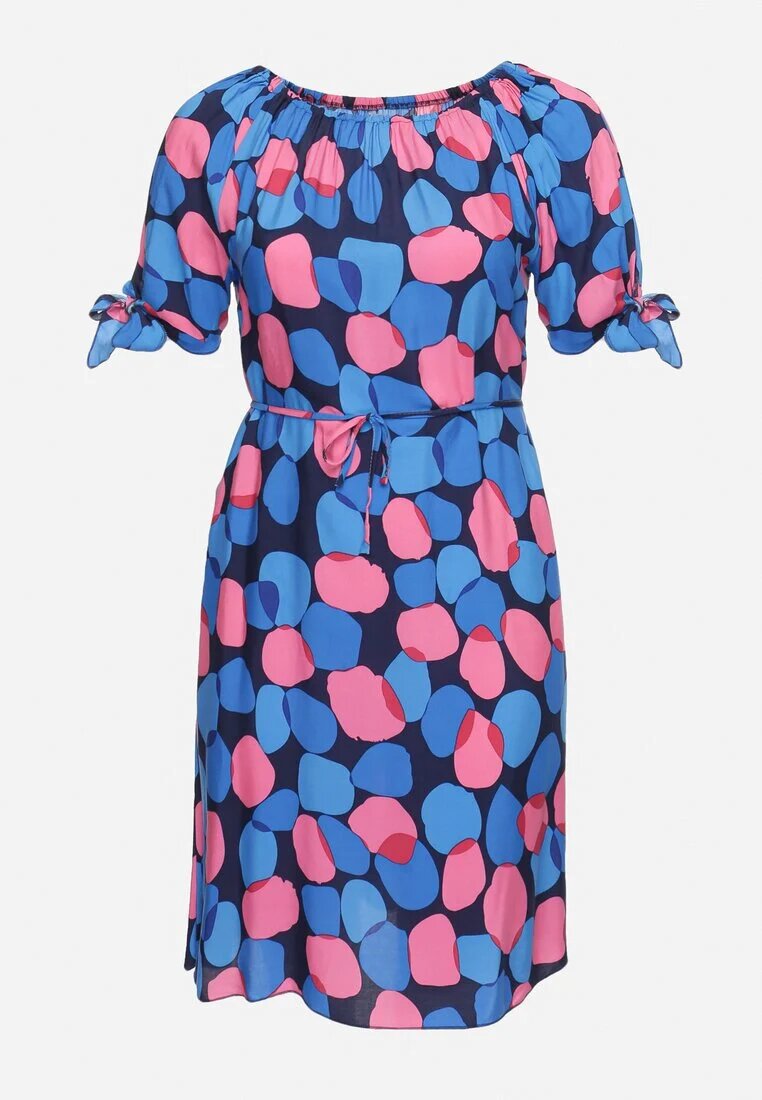 generation Rochie Trapezoidală Albastră din Bumbac cu Decolteu Elastic și Șnur în Talie Eeraphina