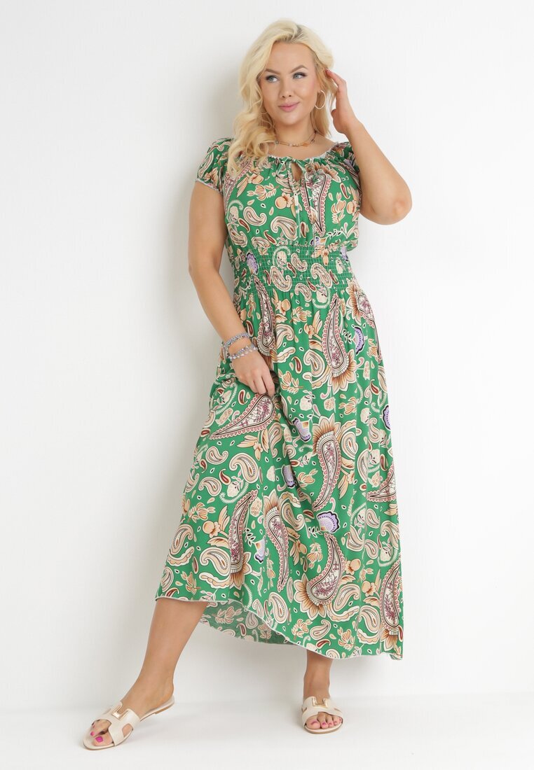 generation Rochie Verde Cloș Bardot Maxi cu Elastic în Talie din Bumbac Briyenn