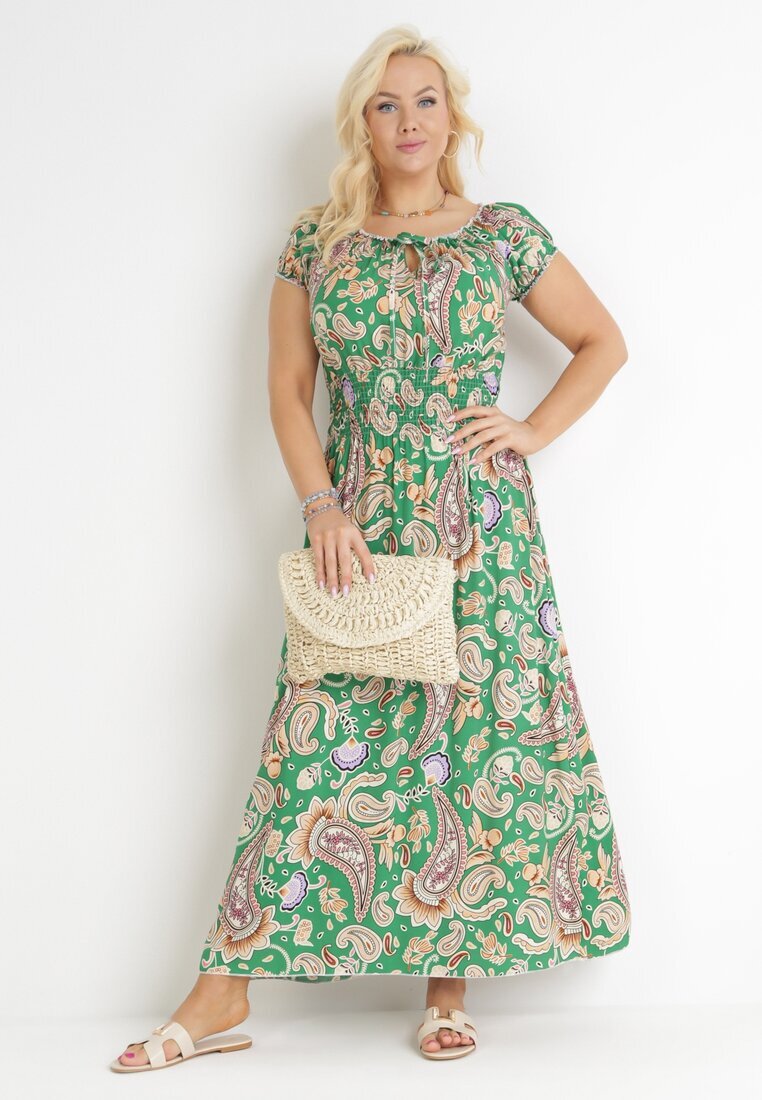generation Rochie Verde Cloș Bardot Maxi cu Elastic în Talie din Bumbac Briyenn