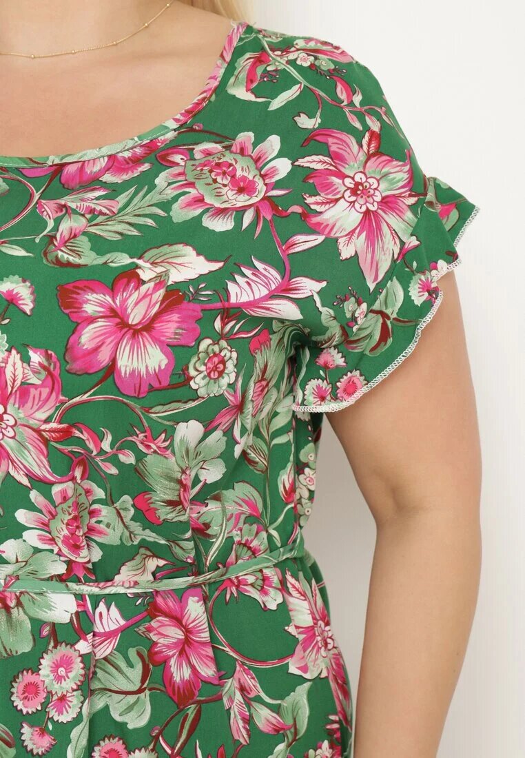 generation Rochie Verde de Bumbac cu flori cu croială dreaptă și șnur în talie Risallise