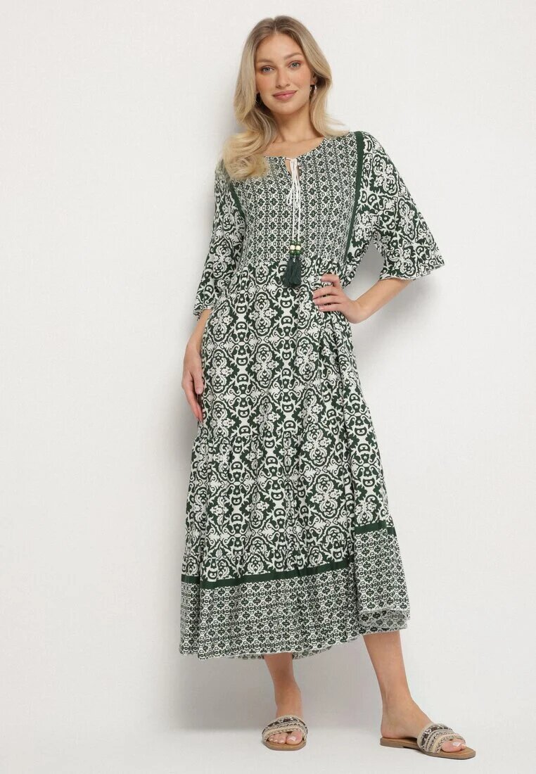 generation Rochie Verde de Bumbac Stil boho cu șiret la decolteu Orradelle