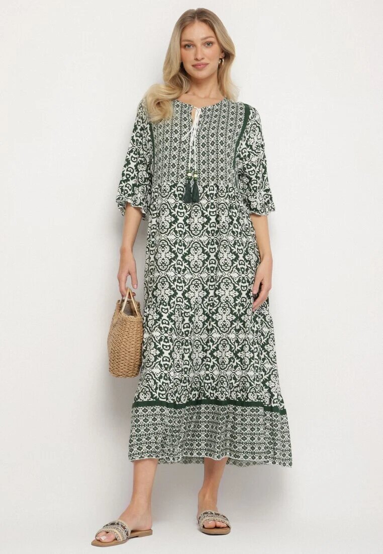 generation Rochie Verde de Bumbac Stil boho cu șiret la decolteu Orradelle
