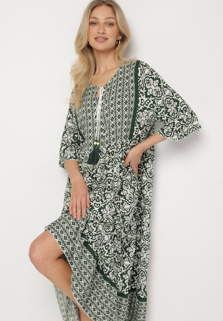 generation Rochie Verde de Bumbac Stil boho cu șiret la decolteu Orradelle