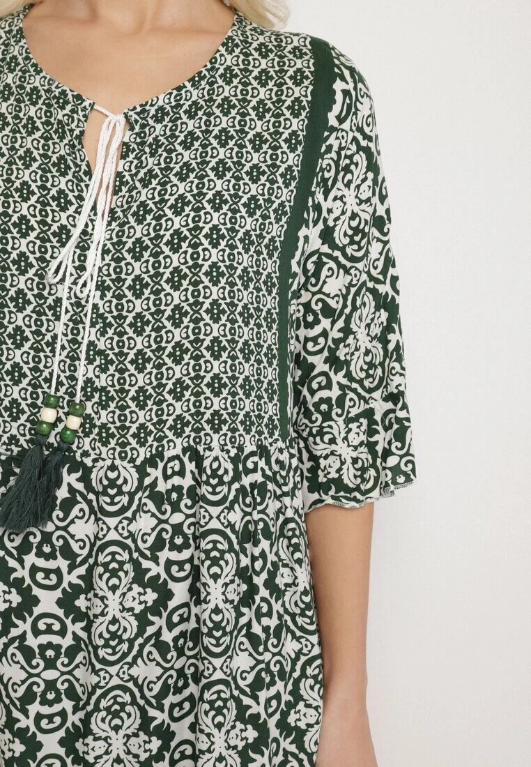 generation Rochie Verde de Bumbac Stil boho cu șiret la decolteu Orradelle