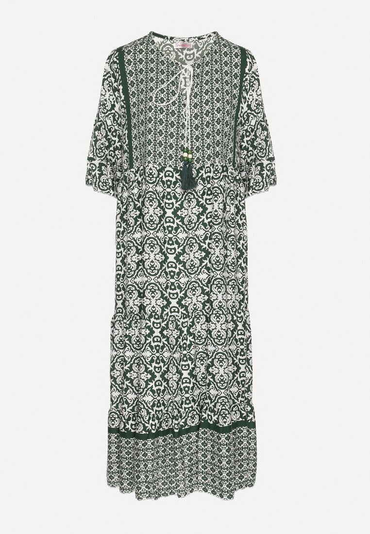 generation Rochie Verde de Bumbac Stil boho cu șiret la decolteu Orradelle
