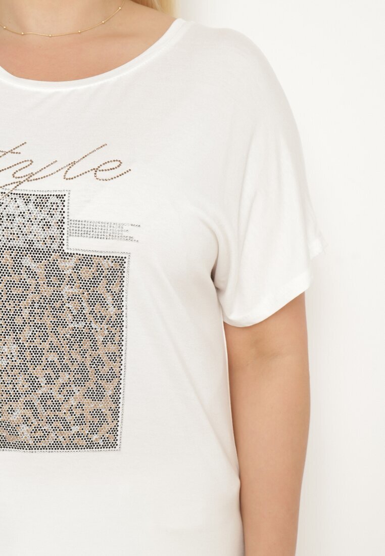 generation Tricou Alb de Bumbac cu Text Decorativ și Strass-uri Krisiona