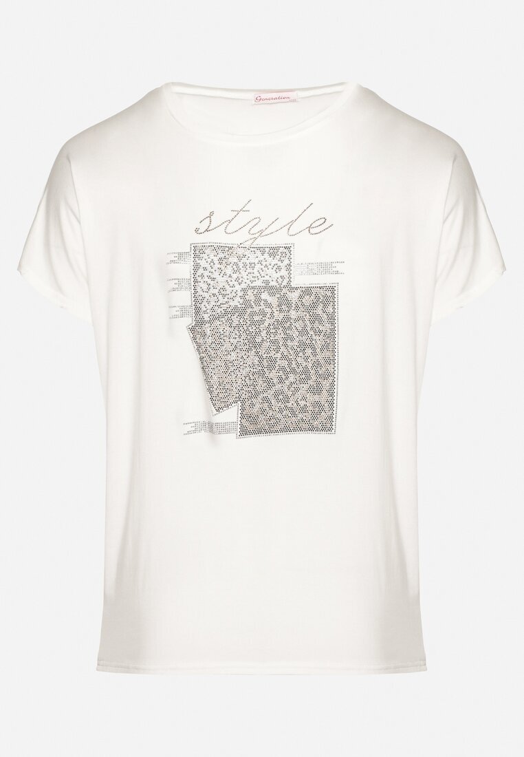 generation Tricou Alb de Bumbac cu Text Decorativ și Strass-uri Krisiona