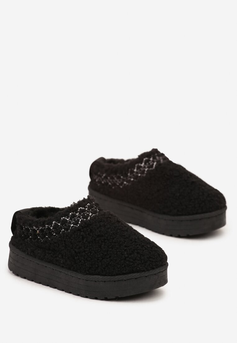  Ghete de zăpadă Negre pe platformă cu blană tip miel decorate cu broderie Raiyelle