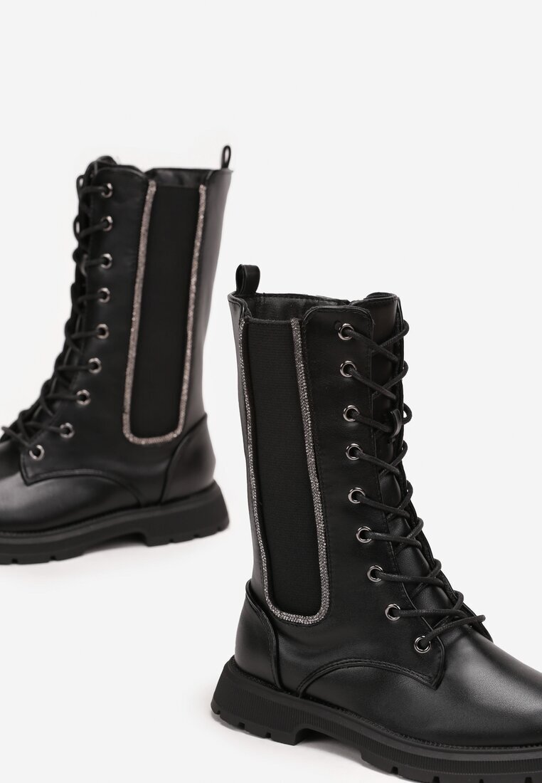  Ghete Negre cu Talpă Plată Decorate cu Pietre cu Elastic pe Carâmb Elarina