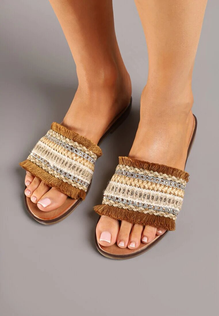 givana Papuci Maro-Bej în stil Boho cu Franjuri și Zirconii Banissa