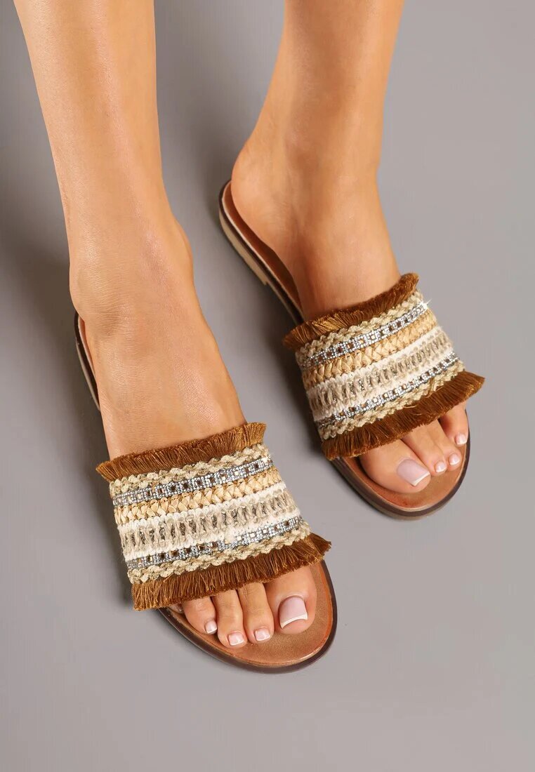 givana Papuci Maro-Bej în stil Boho cu Franjuri și Zirconii Banissa