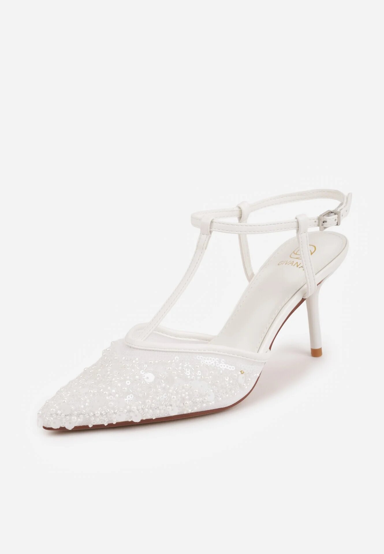 givana Sandale Albe din Plasă cu Toc Stiletto cu Vârful Decorat cu Mărgele Riovela
