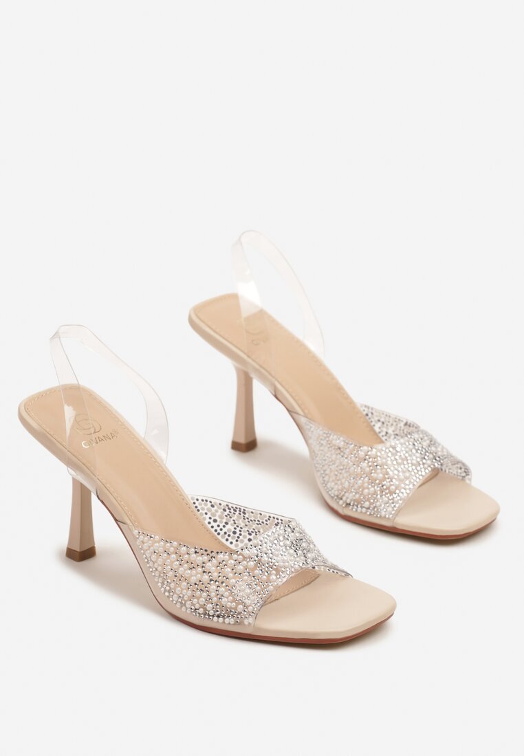 givana Sandale Bej Transparente cu toc Stiletto decorate cu zirconii Atenaia