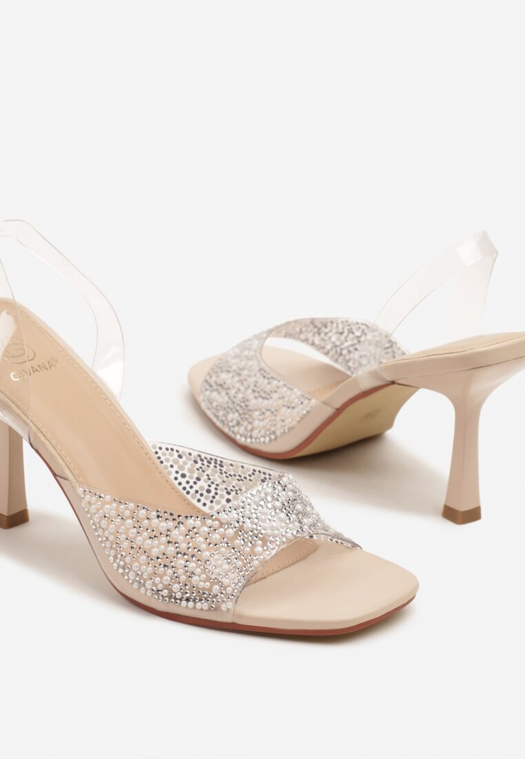 givana Sandale Bej Transparente cu toc Stiletto decorate cu zirconii Atenaia
