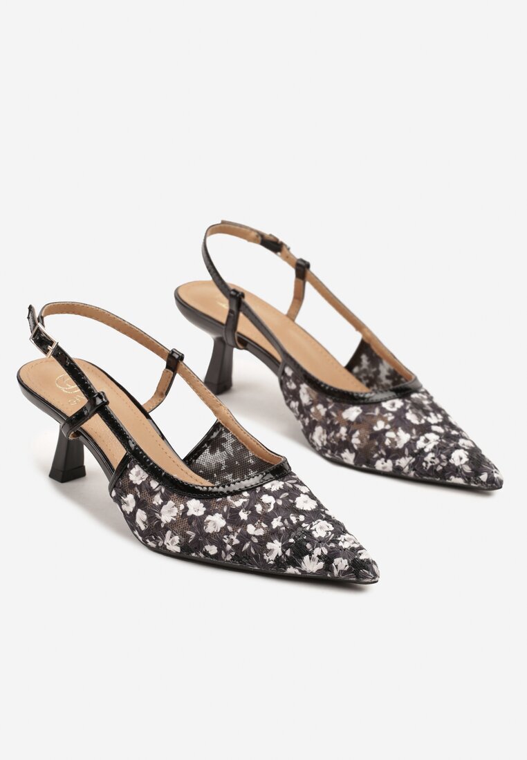 givana Sandale Negre Slingback din plasă cu flori cu toc tip kitten heel Lisanis
