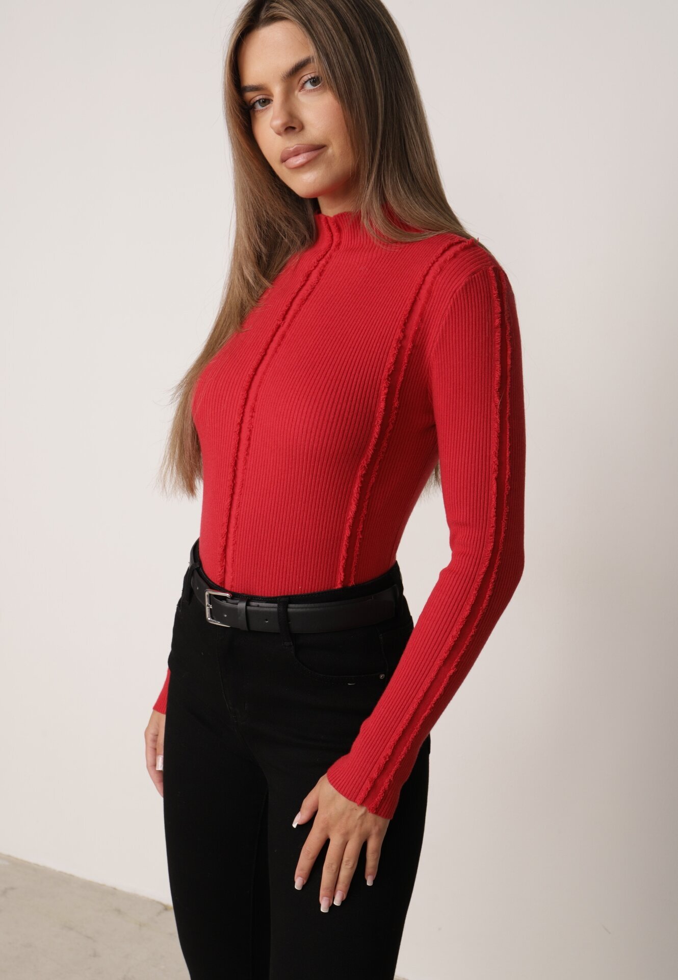 glo-story Asortat Cu guler înalt din tricot ribat cu cusături decorative Moonia Roșu