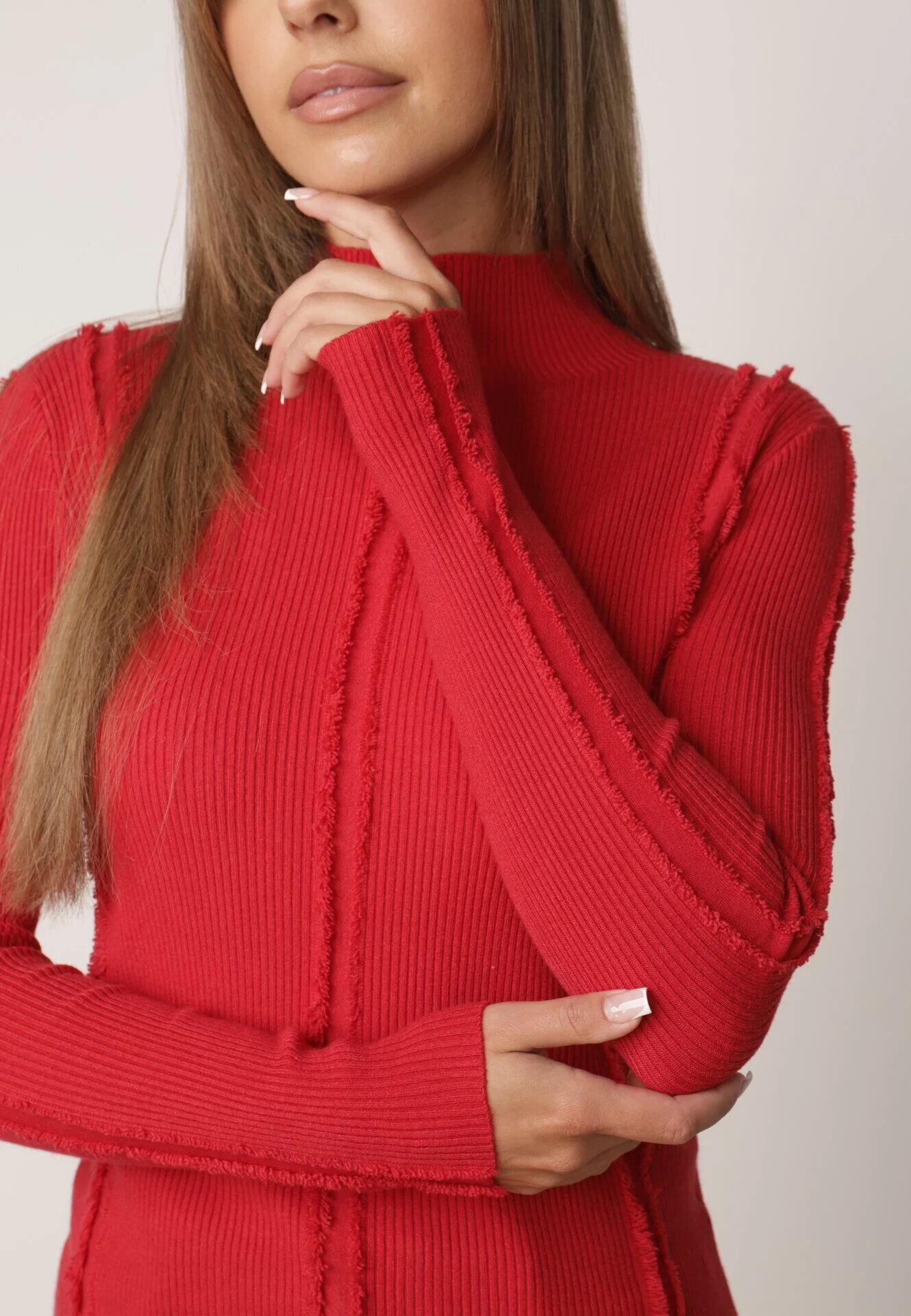 glo-story Asortat Cu guler înalt din tricot ribat cu cusături decorative Moonia Roșu