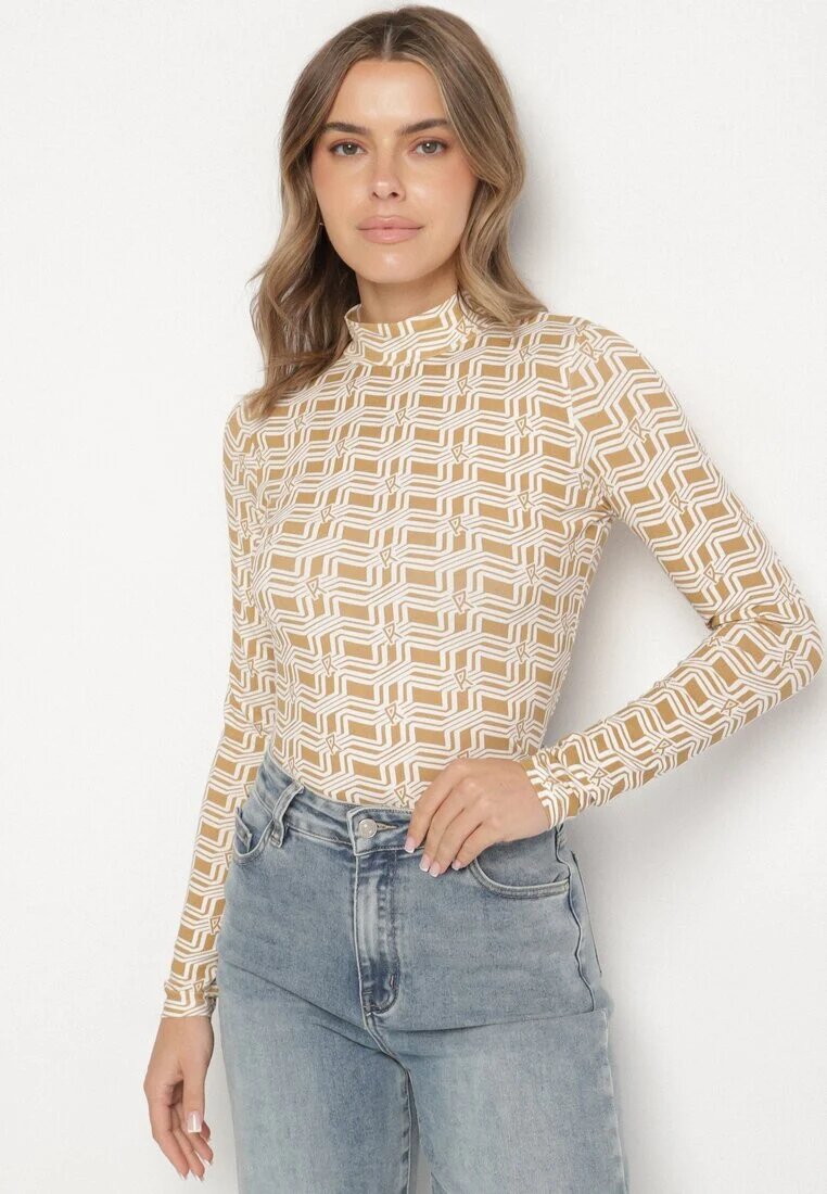 glo-story Bluză Alb-Bej din Bumbac cu Guler înalt și Mânecă Lungă cu Model Geometric Vilitila