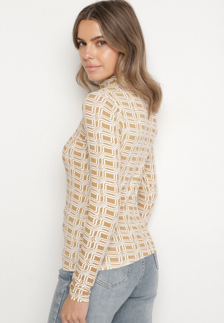 glo-story Bluză Alb-Bej din Bumbac cu Guler înalt și Mânecă Lungă cu Model Geometric Vilitila
