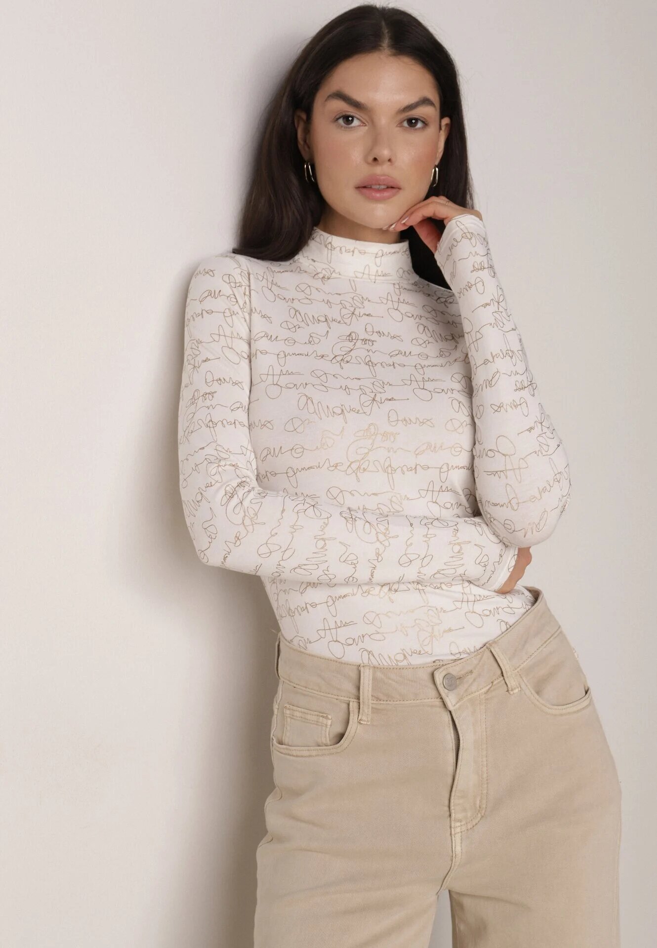 glo-story Bluză Albă din Bumbac Stil Longsleeve cu Guler semi-înalt cu Imprimeu Literar Azelenia