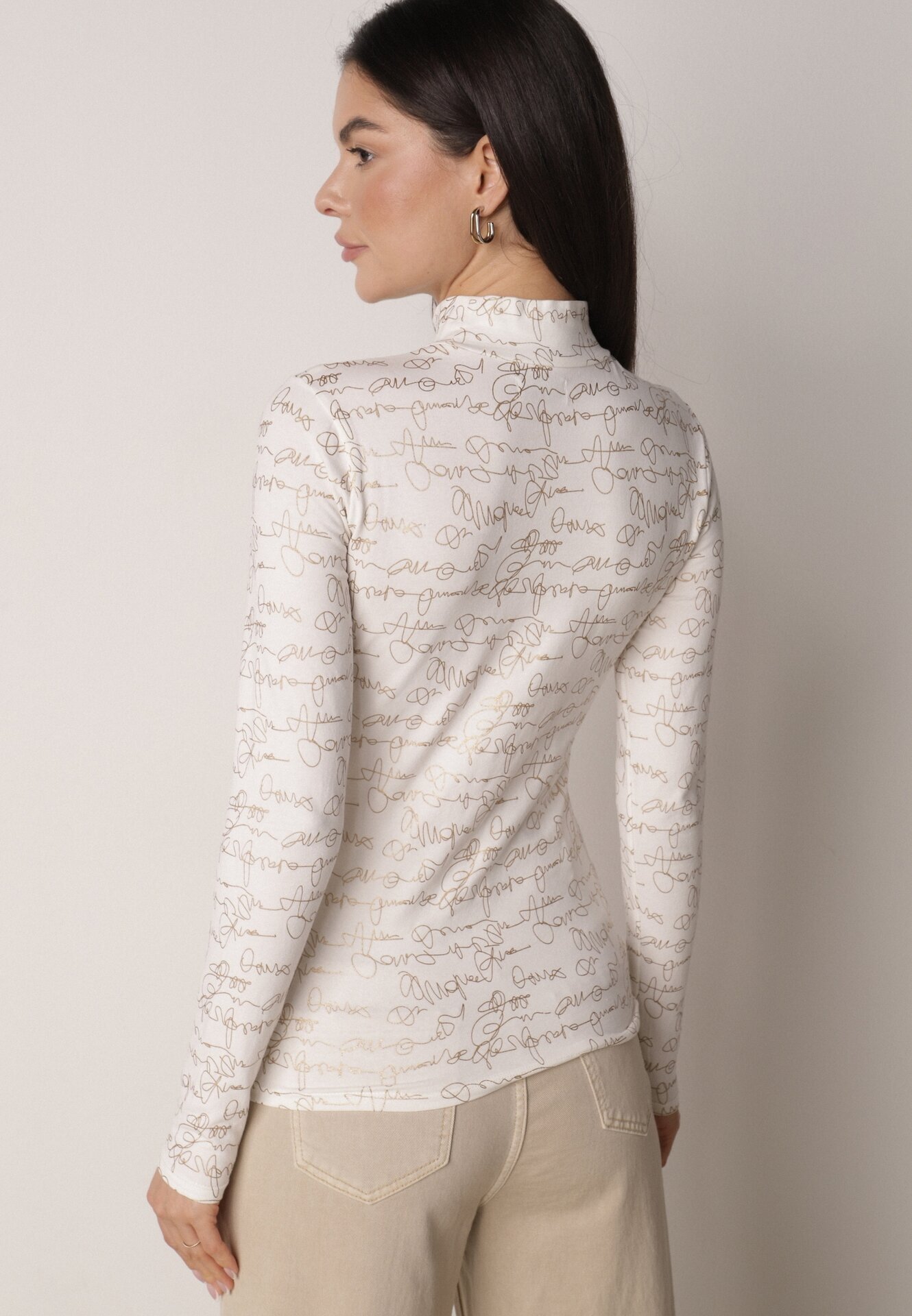 glo-story Bluză Albă din Bumbac Stil Longsleeve cu Guler semi-înalt cu Imprimeu Literar Azelenia