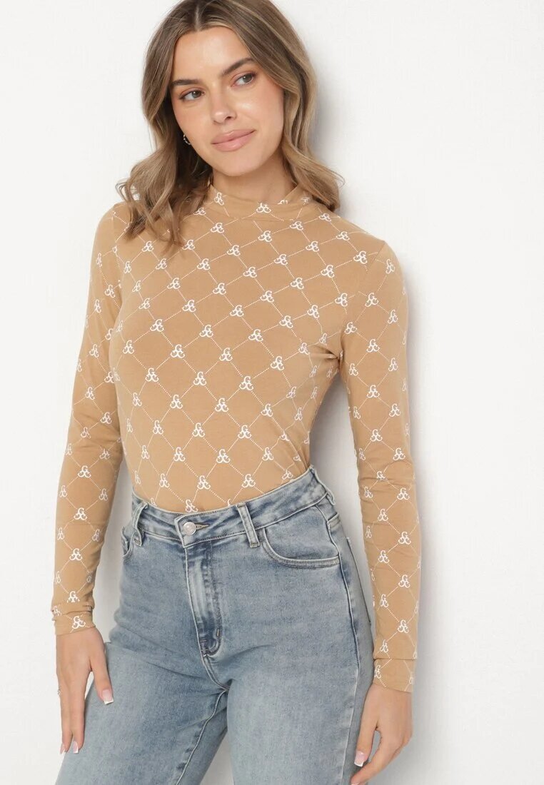 glo-story Bluză Bej Din Bumbac Cu Guler Semi-înalt Tip Longsleeve Cu Model Geometric Tilianna