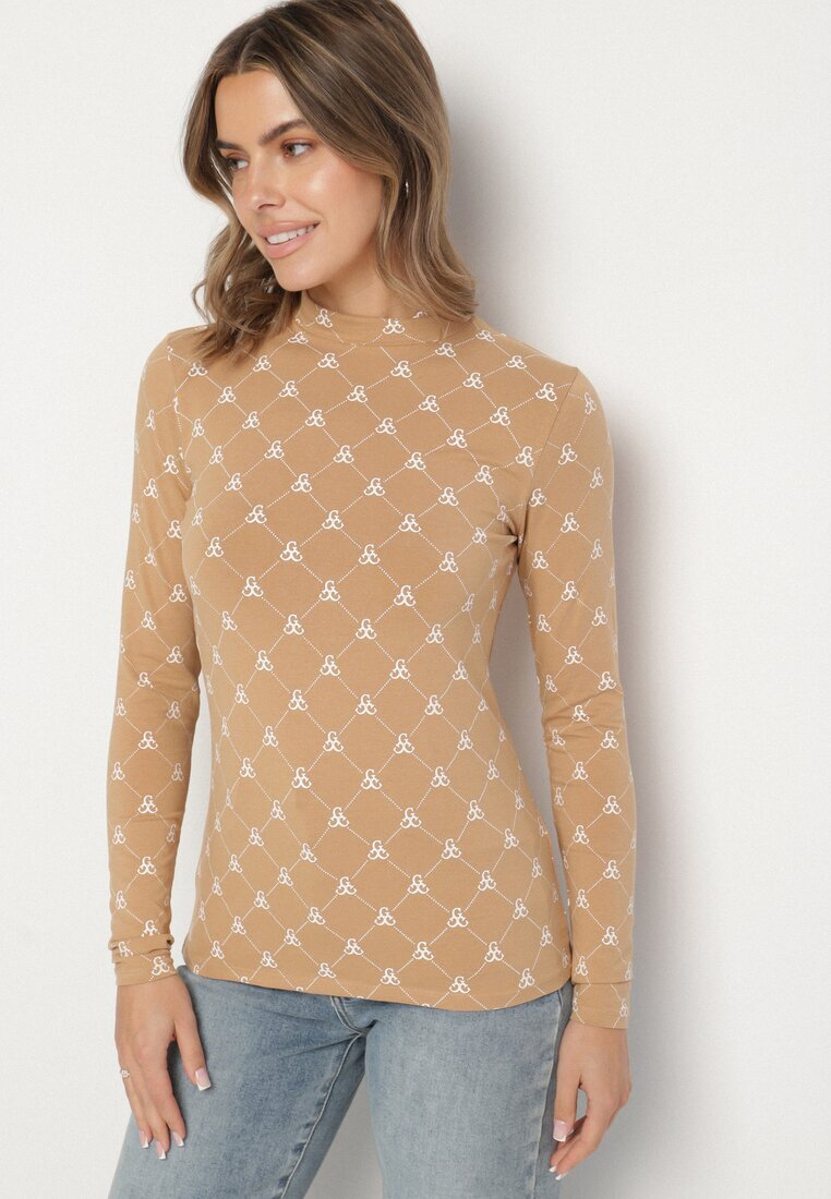 glo-story Bluză Bej Din Bumbac Cu Guler Semi-înalt Tip Longsleeve Cu Model Geometric Tilianna