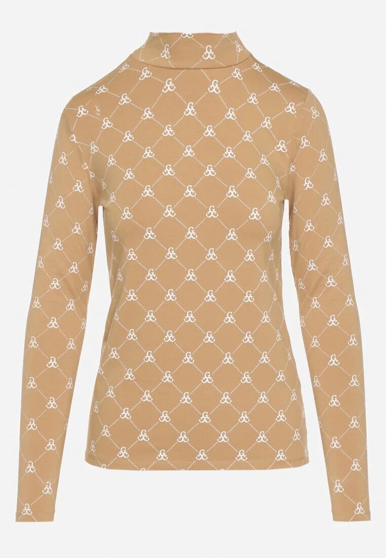 glo-story Bluză Bej Din Bumbac Cu Guler Semi-înalt Tip Longsleeve Cu Model Geometric Tilianna