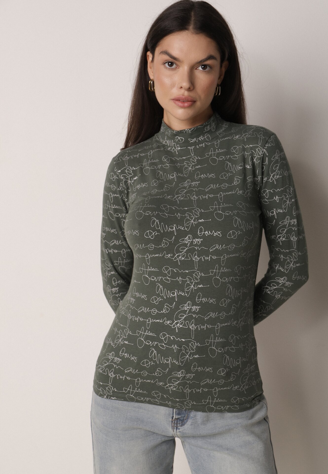 glo-story Bluză Verde din bumbac stil Longsleeve cu maletă cu imprimeu cu litere Azarenia