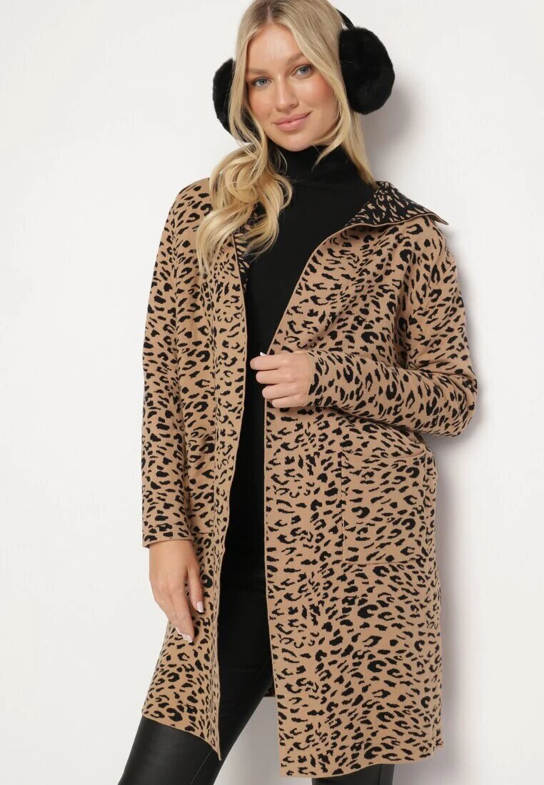 glo-story Cardigan Bej-Negru Fără Închidere cu Imprimeu Leopard cu Buzunare Riashelle