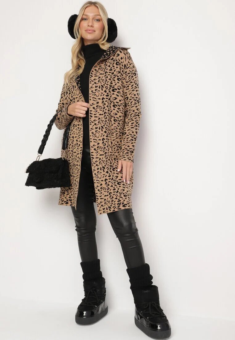 glo-story Cardigan Bej-Negru Fără Închidere cu Imprimeu Leopard cu Buzunare Riashelle