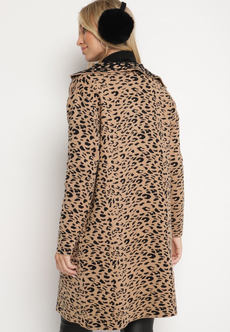 glo-story Cardigan Bej-Negru Fără Închidere cu Imprimeu Leopard cu Buzunare Riashelle