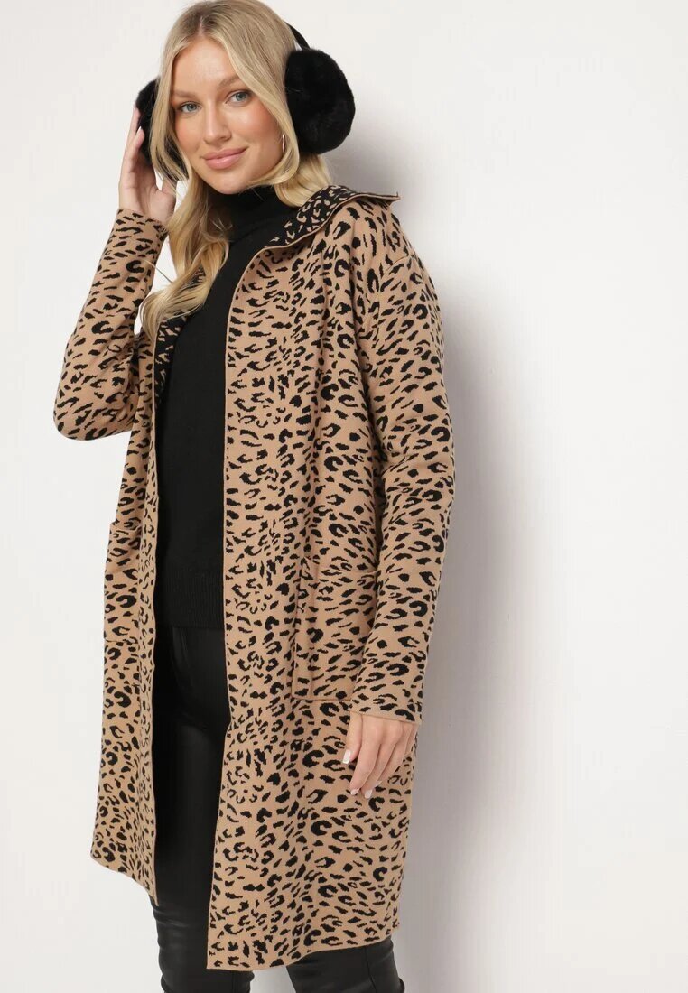 glo-story Cardigan Bej-Negru Fără Închidere cu Imprimeu Leopard cu Buzunare Riashelle