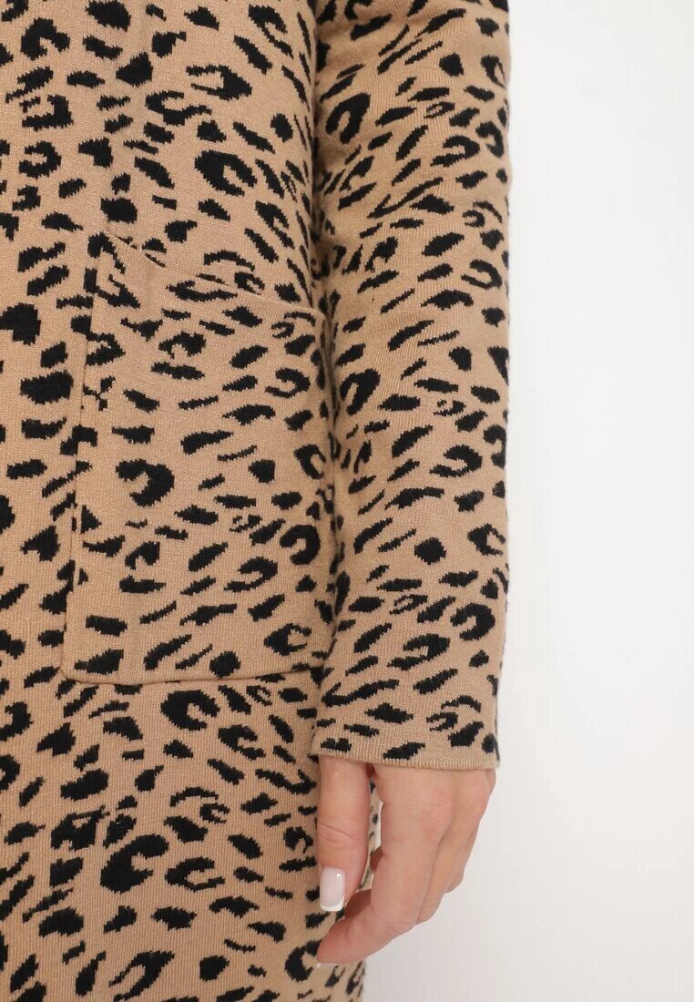 glo-story Cardigan Bej-Negru Fără Închidere cu Imprimeu Leopard cu Buzunare Riashelle