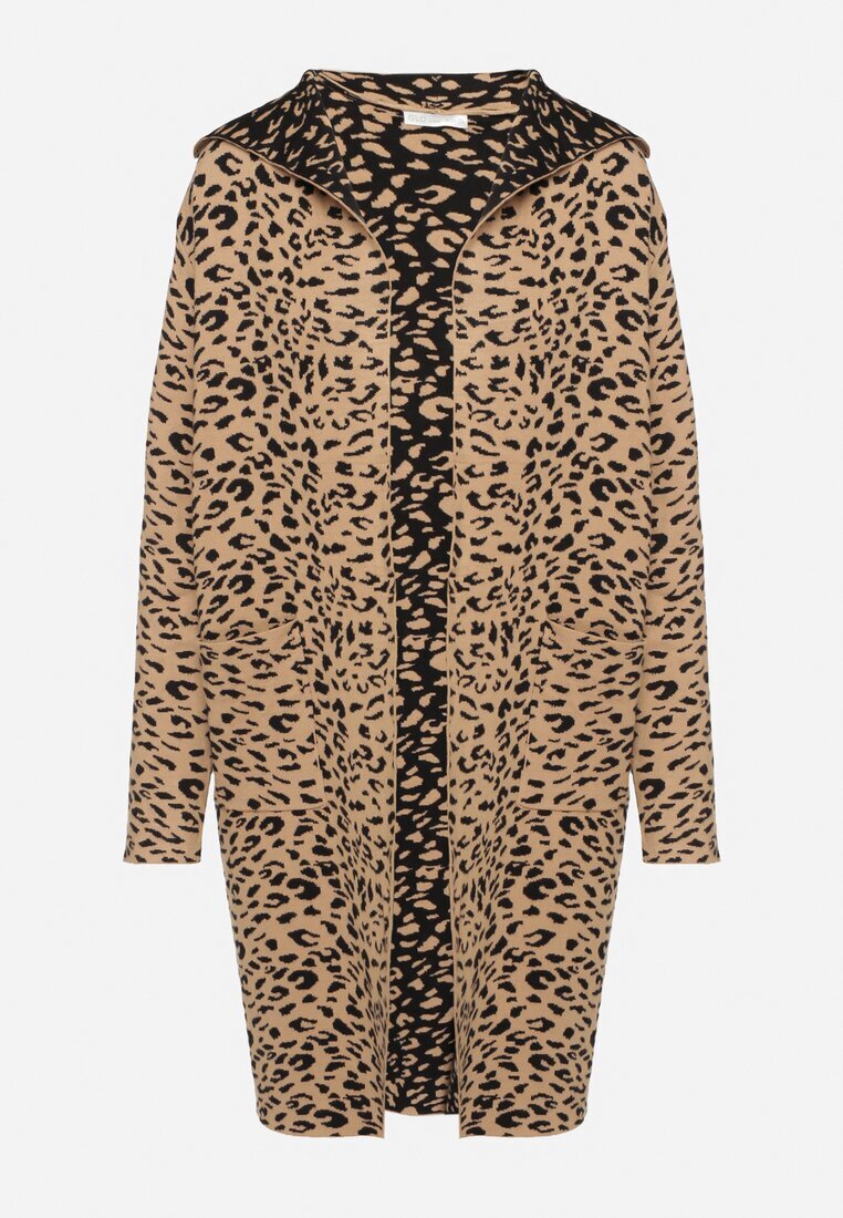 glo-story Cardigan Bej-Negru Fără Închidere cu Imprimeu Leopard cu Buzunare Riashelle