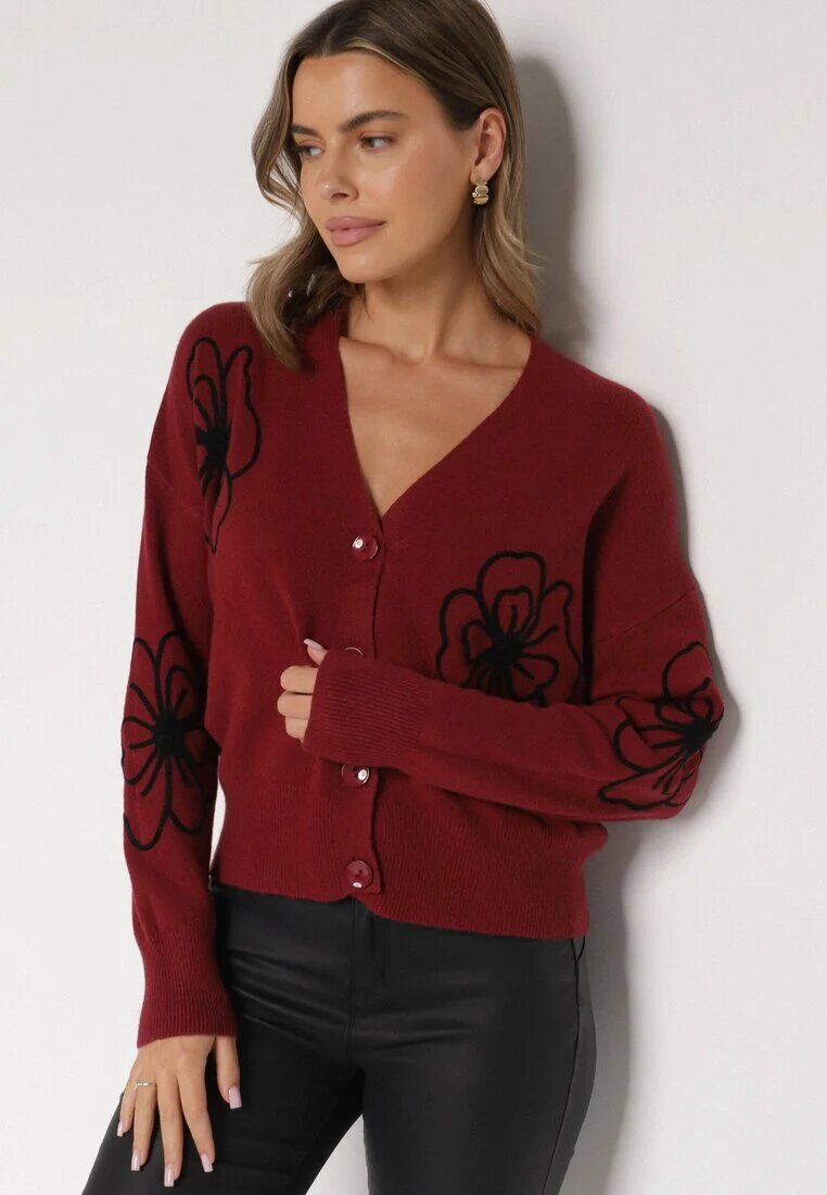 glo-story Cardigan Bordeaux cu Nasturi cu Flori Brodate Tustara