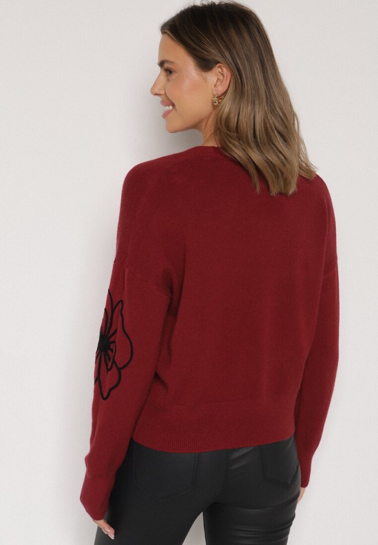glo-story Cardigan Bordeaux cu Nasturi cu Flori Brodate Tustara