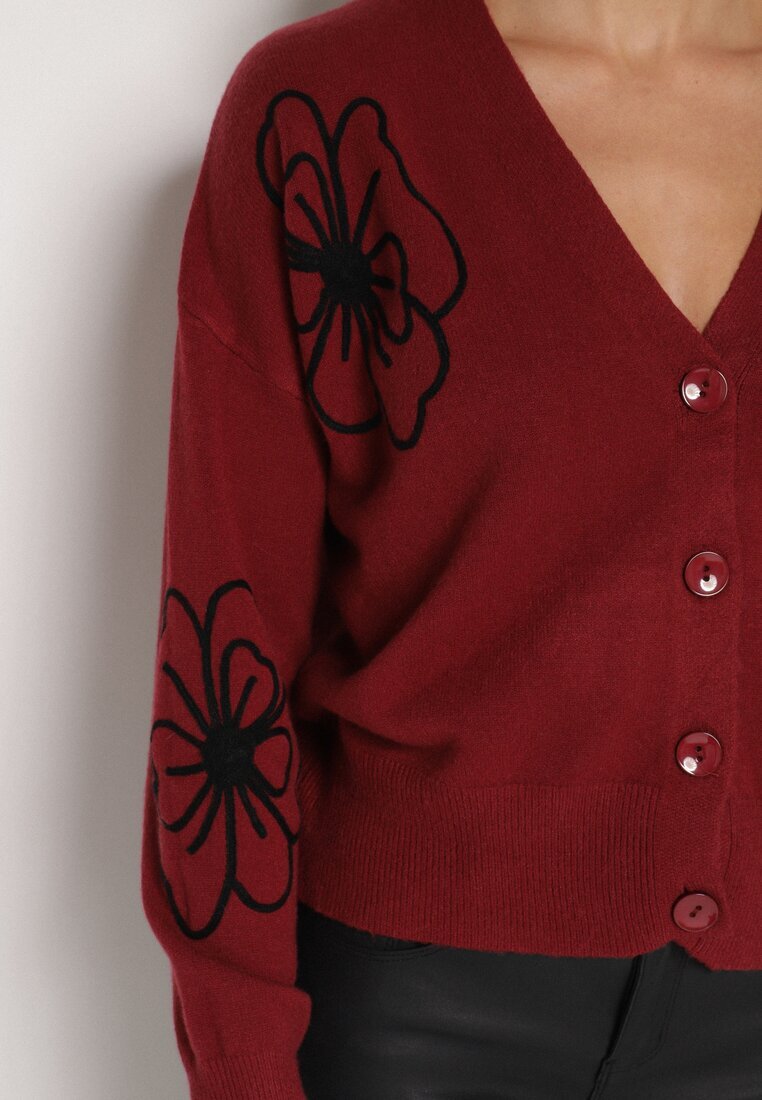 glo-story Cardigan Bordeaux cu Nasturi cu Flori Brodate Tustara