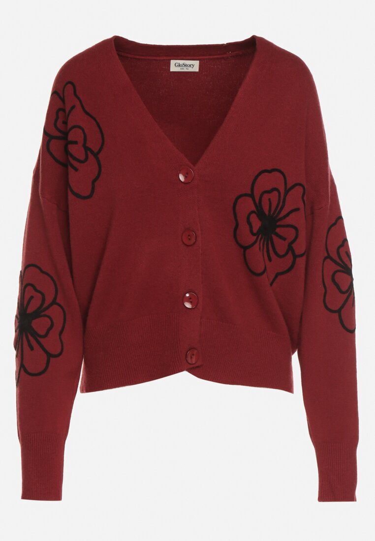 glo-story Cardigan Bordeaux cu Nasturi cu Flori Brodate Tustara