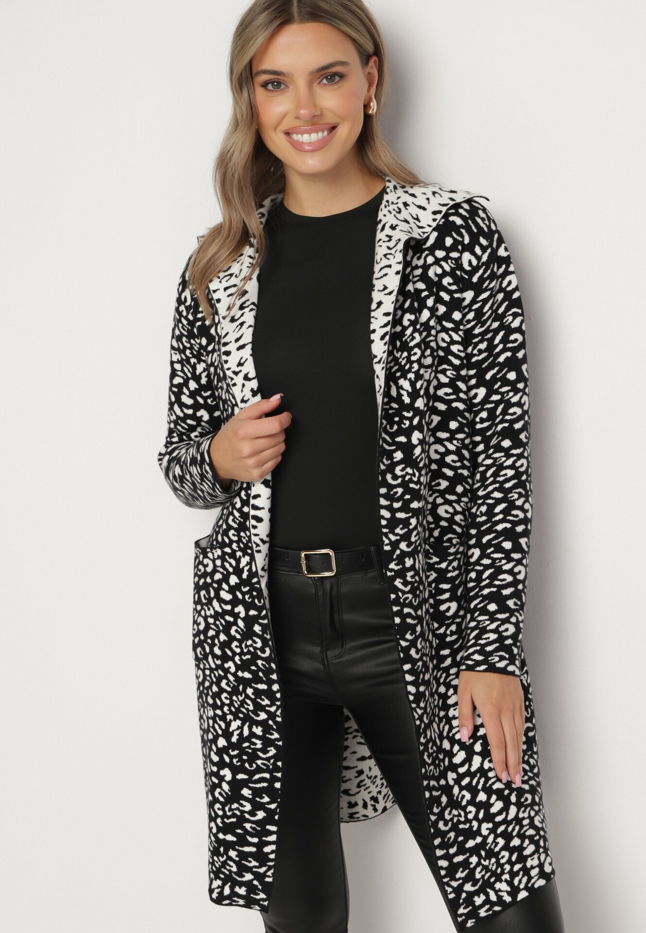 glo-story Cardigan Negru-Alb Fără închidere cu imprimeu leopard cu buzunare Riashelle