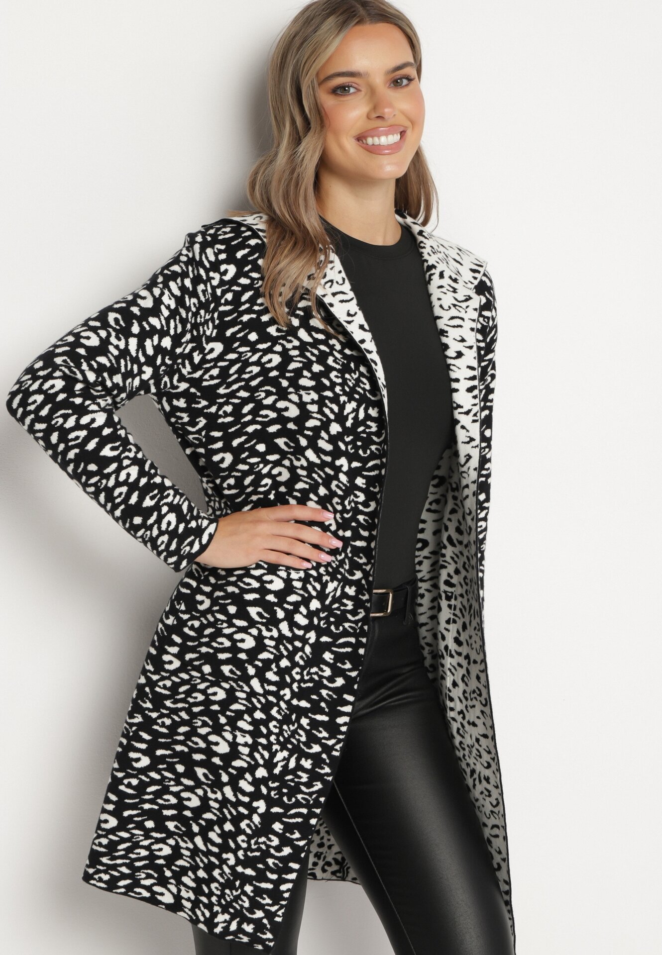 glo-story Cardigan Negru-Alb Fără închidere cu imprimeu leopard cu buzunare Riashelle
