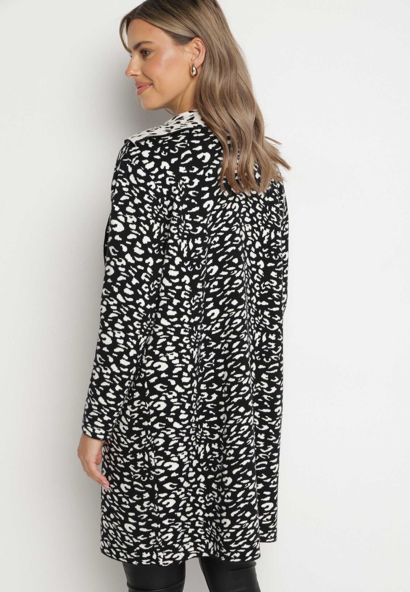 glo-story Cardigan Negru-Alb Fără închidere cu imprimeu leopard cu buzunare Riashelle