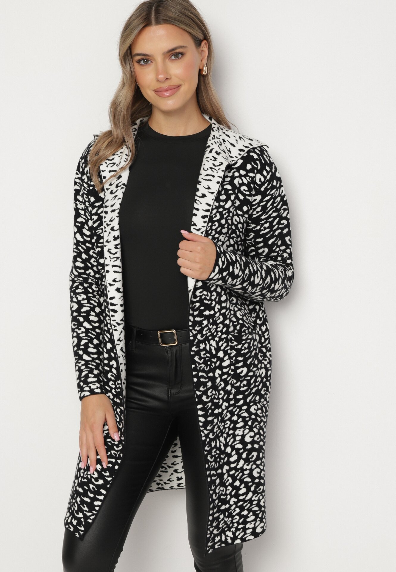 glo-story Cardigan Negru-Alb Fără închidere cu imprimeu leopard cu buzunare Riashelle