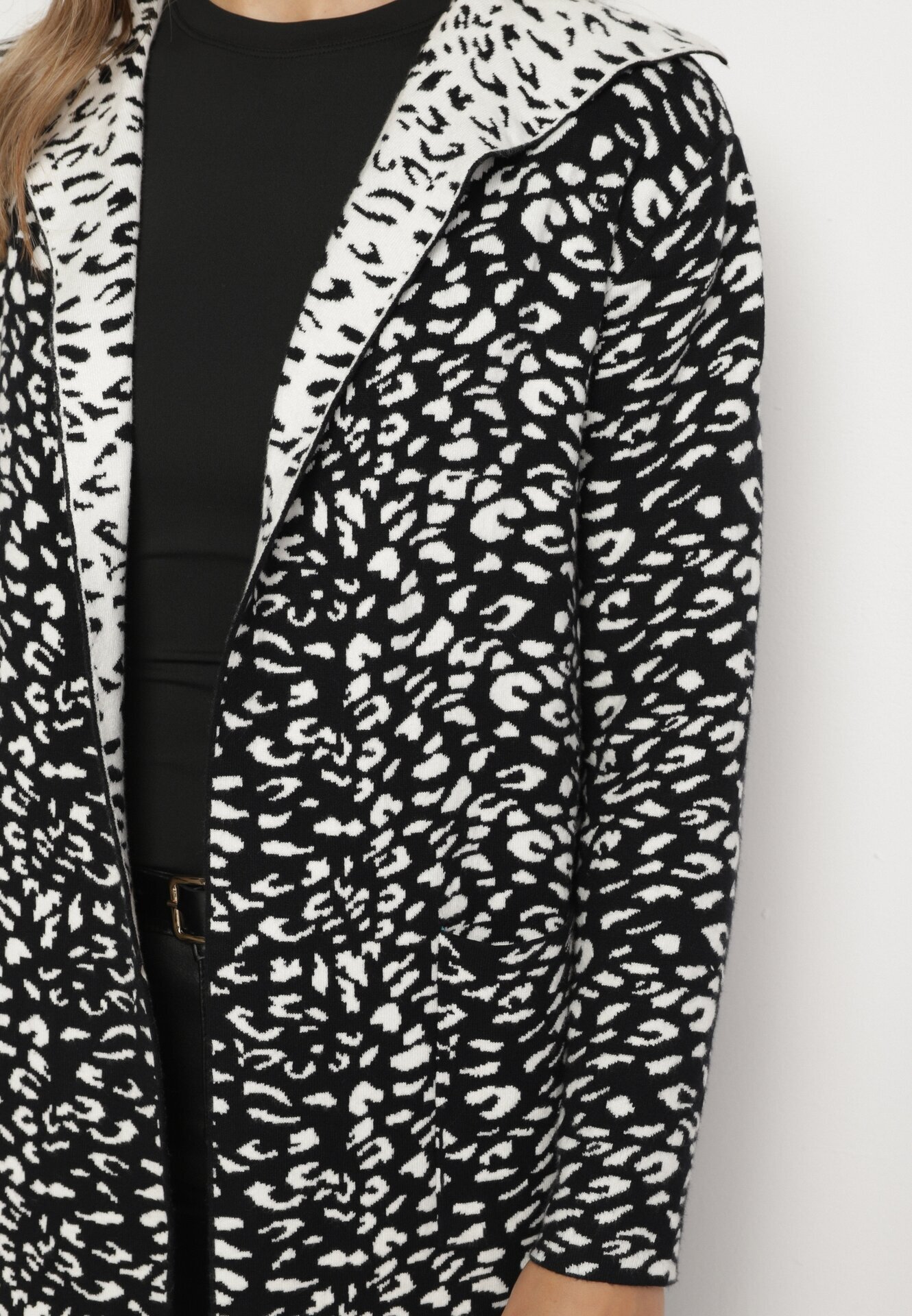 glo-story Cardigan Negru-Alb Fără închidere cu imprimeu leopard cu buzunare Riashelle
