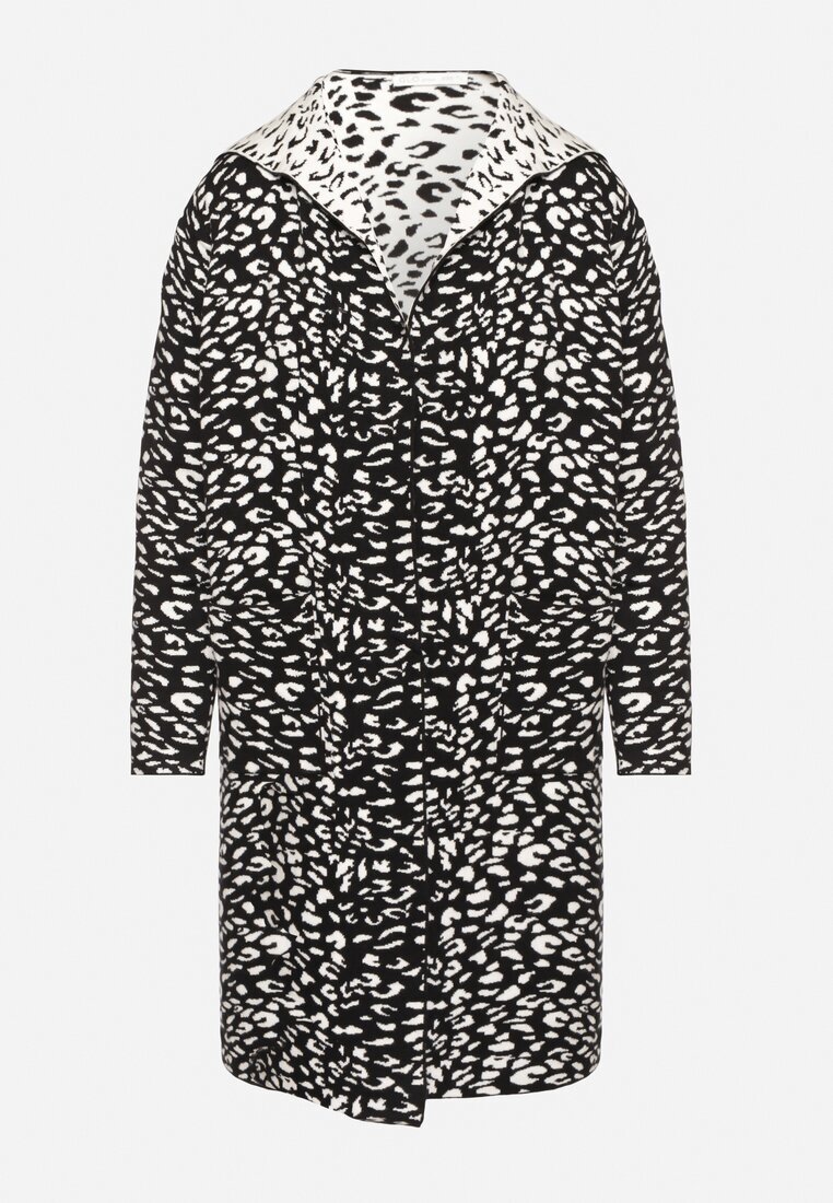 glo-story Cardigan Negru-Alb Fără închidere cu imprimeu leopard cu buzunare Riashelle