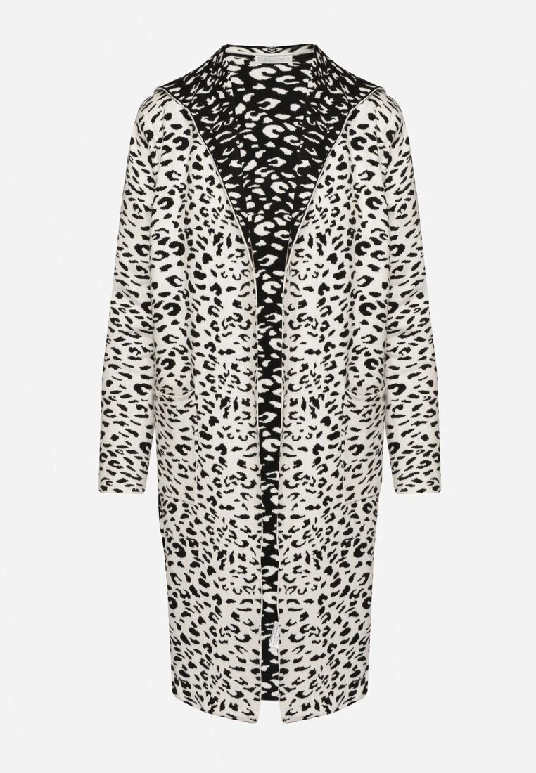 glo-story Kardigan Alb-Negru Fără Închidere cu Imprimeu Leopard cu Buzunare Riashelle