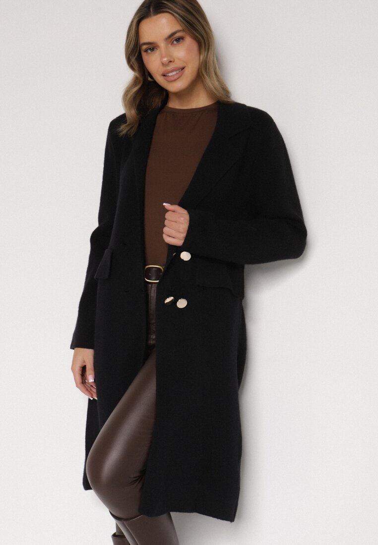 glo-story Palton Negru Elegant Lung La Două Rânduri Oritusa